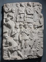 Tirage d'une plaque de la colonne trajane : prisonnier Dace devant Trajan et ses officiers