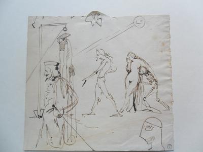 Plusieurs croquis : homme avec un chapeau et une épée ;  homme marchant vers un gibet ; soleil ; femme pleurant soutenue par un squelette ; homme de profil