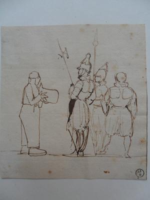 Caricature d'un homme tenant son chapeau à la main devant des gardes suisses