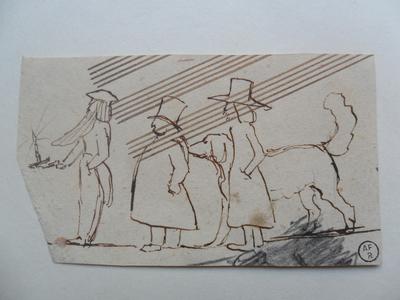 Caricature d'un groupe de trois hommes avec un chien sur papier à partition