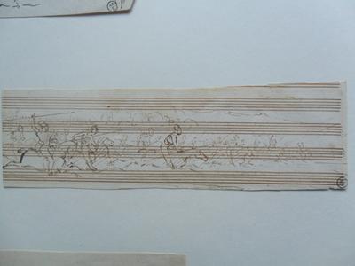 Scène de cavalerie sur papier à partition (recto) / croquis d'homme avec un chapeau (verso)