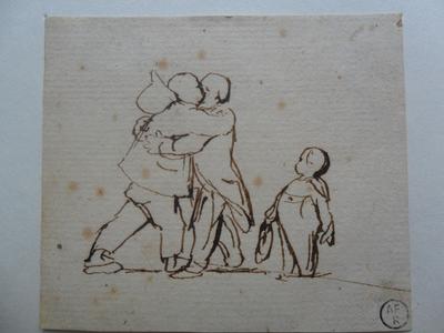 Caricature d'un enfant et de deux hommes se donnant l'accolade