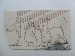 Caricature d'un groupe de trois hommes avec un chien sur papier à partition