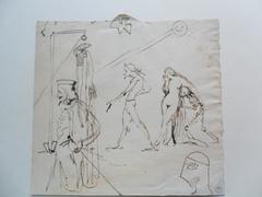 Plusieurs croquis : homme avec un chapeau et une épée ;  homme marchant vers un gibet ; soleil ; femme pleurant soutenue par un squelette ; homme de profil
