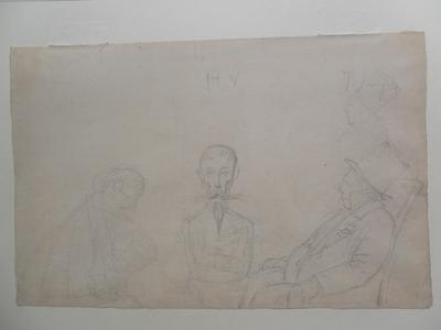 Caricature avec trois hommes, dont un moustachu au centre et un personnage à gauche portant un haut-de-forme (Ingres ?)