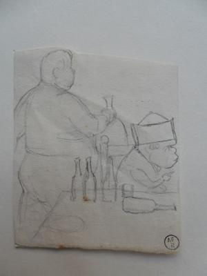 Caricature de pensionnaires buvant (recto) / Personnages dans une voiture (verso)