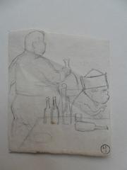 Caricature de pensionnaires buvant (recto) / Personnages dans une voiture (verso)