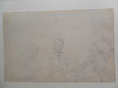 Caricature avec trois hommes, dont un moustachu au centre et un personnage à gauche portant un haut-de-forme (Ingres ?)
