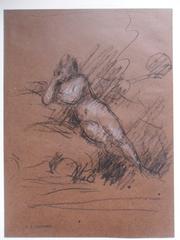 Etude de femme nue, de face, à moitié allongée devant un paysage esquissé