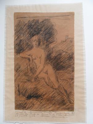 Etude de femme nue, de face, devant un paysage