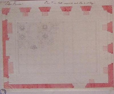 Palais Farnèse : plan d’une salle du premier étage intégrant un dessin du plafond